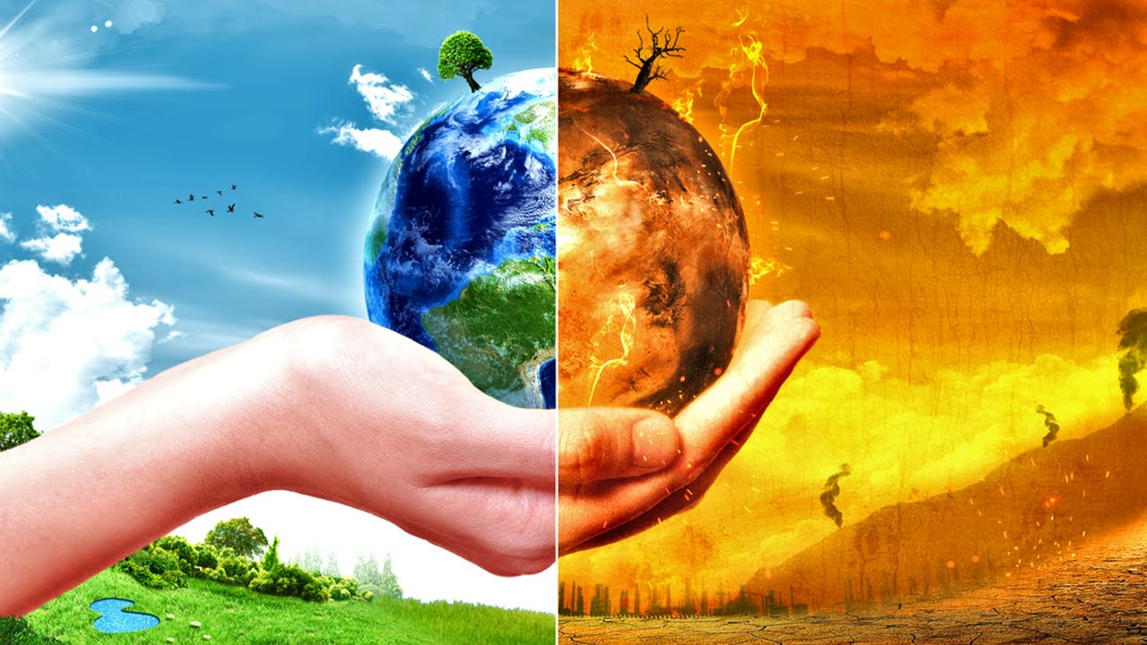 Climate change: earth split between green and burning
